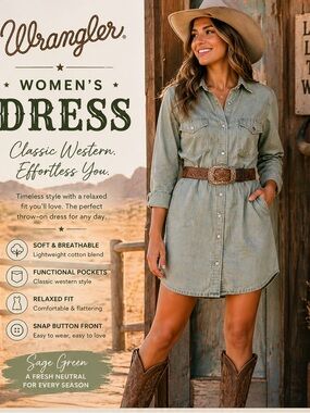 Wrangler Sage Green western‎ dress large 100% cotton
